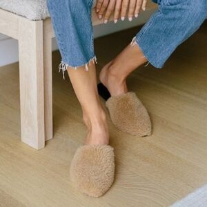 Jenni Kayne Shearling Black Leather Mules Flats Shoes